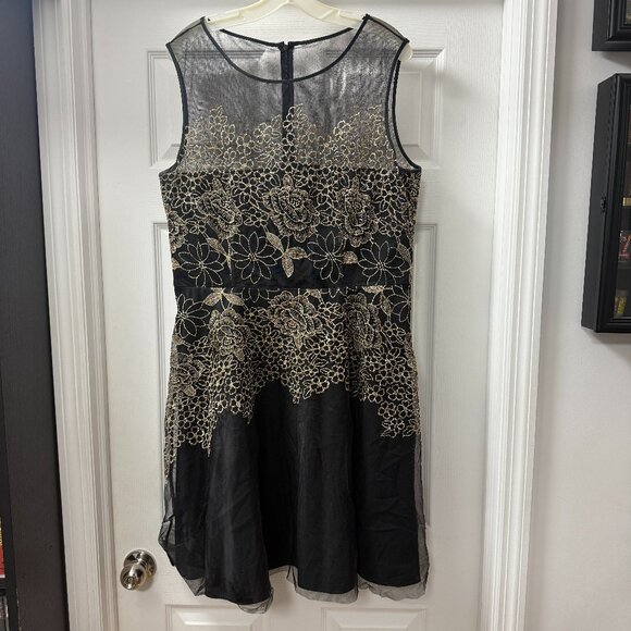 Tahari‎ ASL 'Edwin' Embroidered Mesh Fit & Flare Dress Black & Gold size 16 - Picture 1 of 11